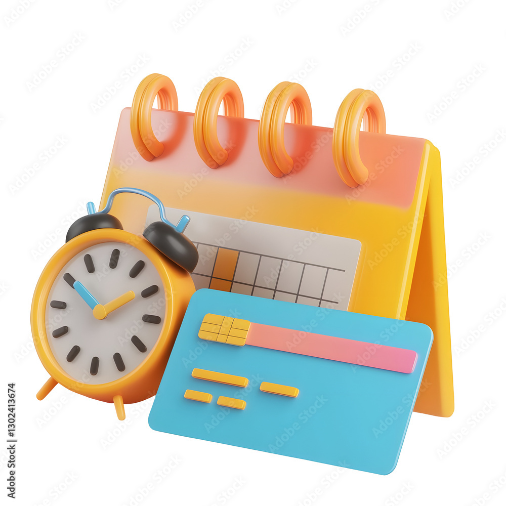 Leinwandbilder smooth and vibrant 3d showcasing a bill calendar a round clock and a modern credit card representing