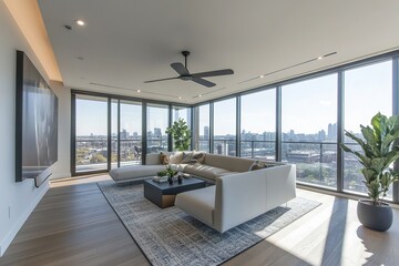 Fototapeta premium Modern Luxury Apartment Living Room with Panoramic City View