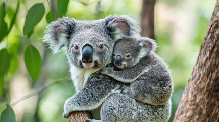 Fototapeta premium A cute baby koala clinging to its motherâ€™s back in a eucalyptus tree
