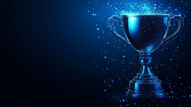 A modern representation of triumph, showcasing a hand grasping a trophy cup against a dark blue setting, illuminated by a radiant low polygonal pattern