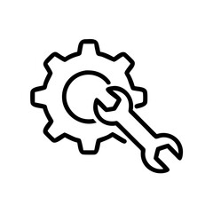 Simple black icon of a gear and wrench for mechanical engineering and repair services
