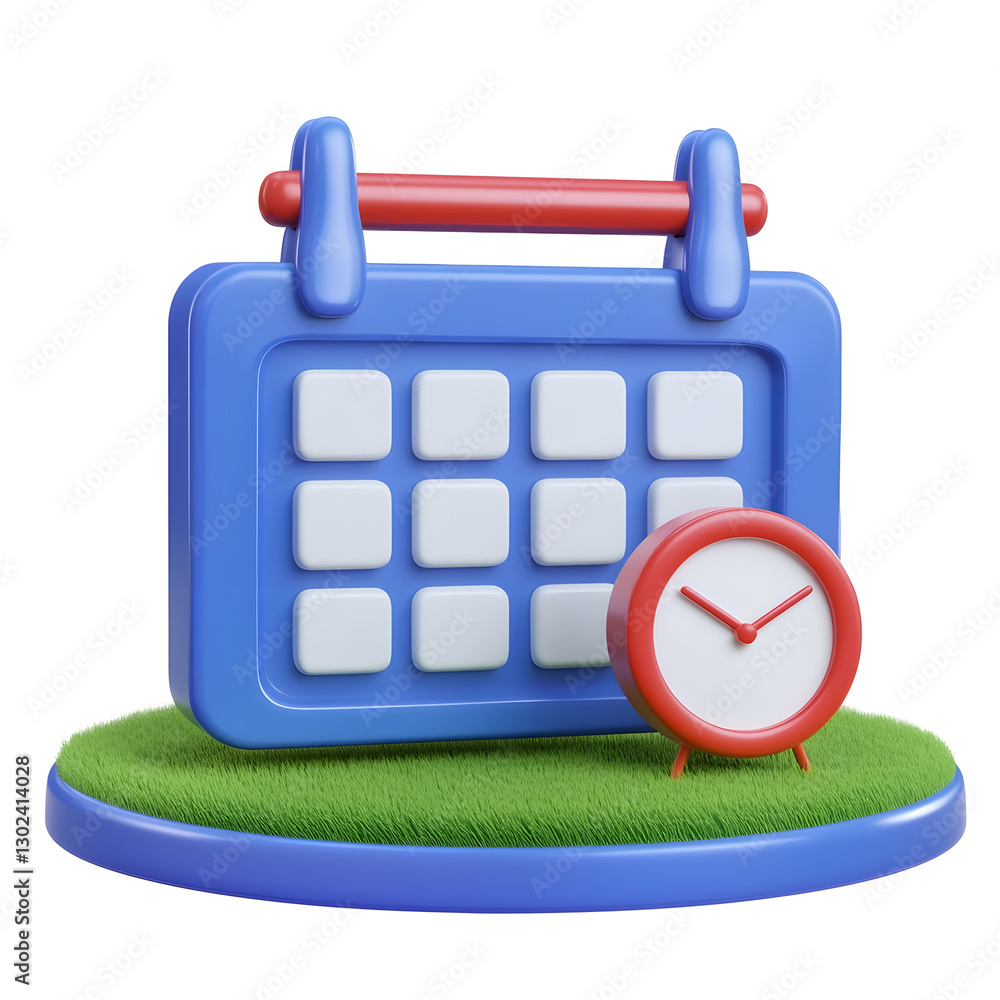 Poster Glossy 3D rendered red calendar icon with a modern minimalist design and bold date markers paired with a sleek round clock symbolizing scheduling reminders and time management for website UI