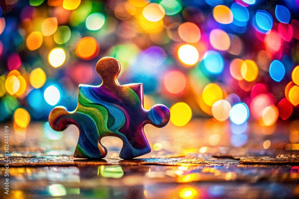 Poster colorful abstract puzzle piece with bokeh background - creativity & problem solving stock photo