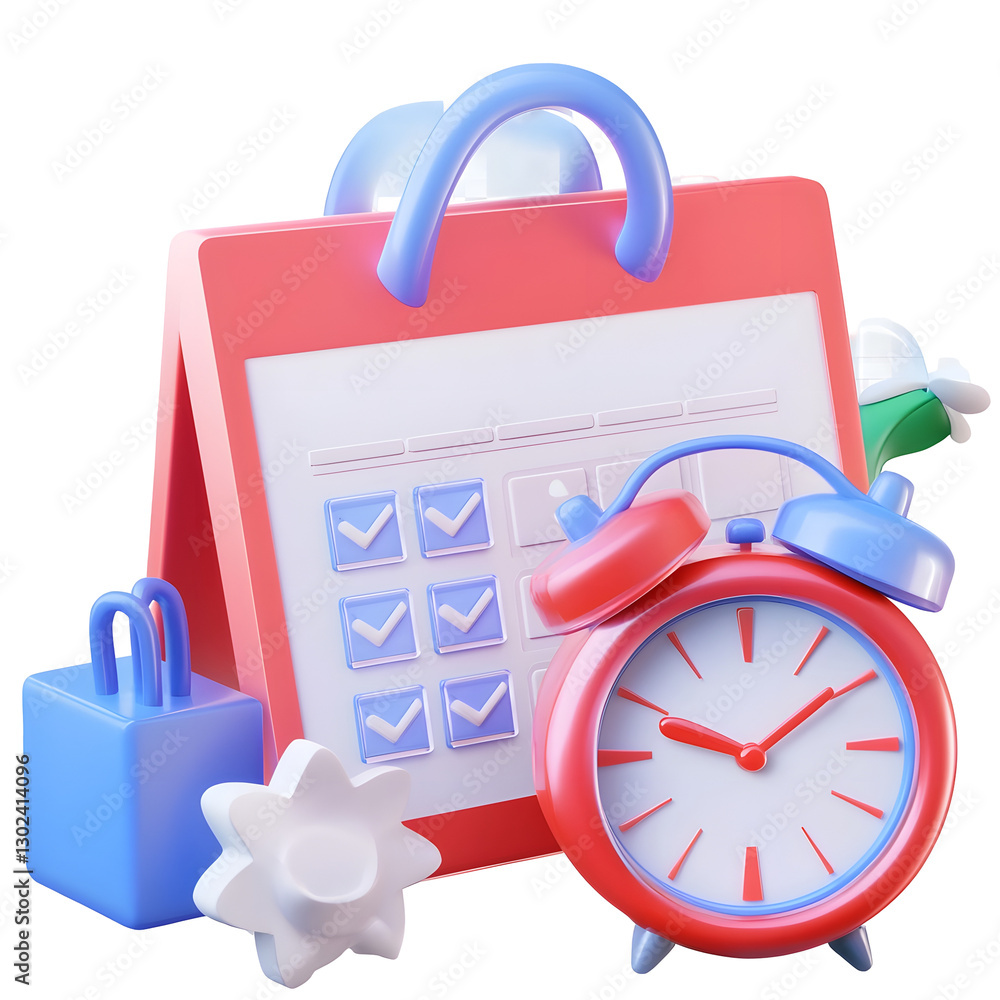 Leinwandbilder Sleek and modern 3D rendered time tracking concept featuring a standing red calendar with a detailed analog clock in front  The glossy finish of both elements adds a premium high tech touch