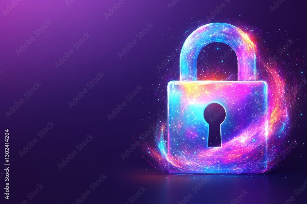 Poster a visual representation of a lock symbol covered with a blue and pink code on a white background, il