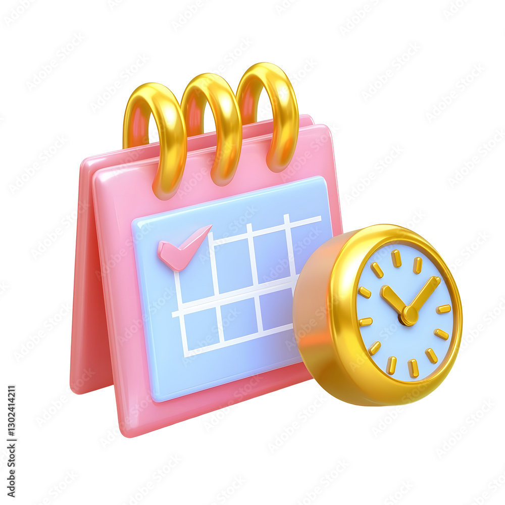 Leinwandbilder Stylish 3D business reminder icon featuring a compact red calendar with a highlighted date  paired with a sleek clock displaying a specific time  The calendar has a smooth and polished surface