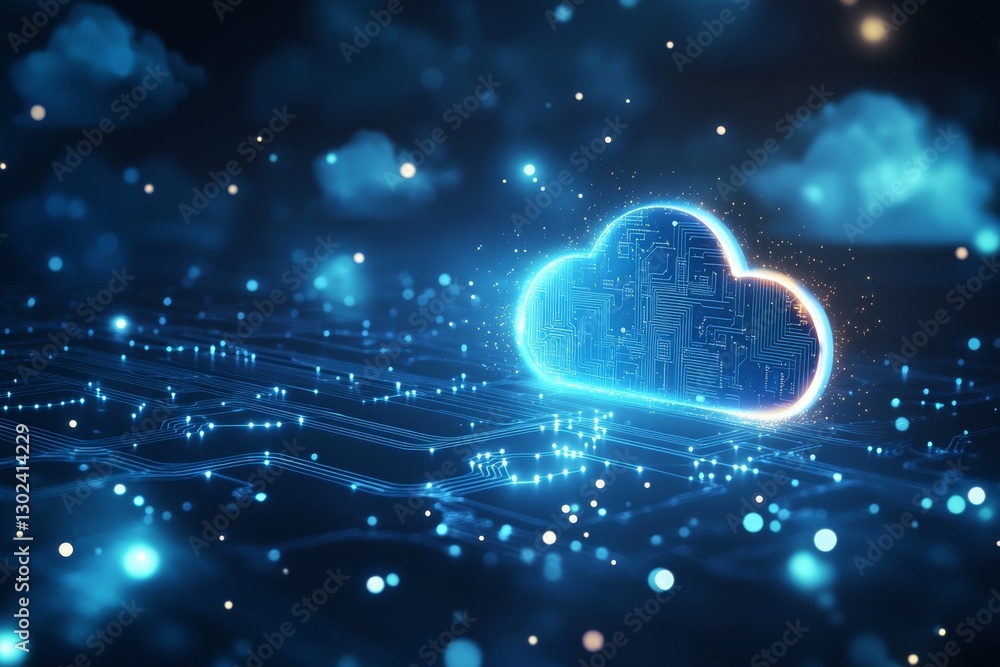 Poster an abstract 3d rendering of a cloud computing network system with blue lines and nodes on a white ba