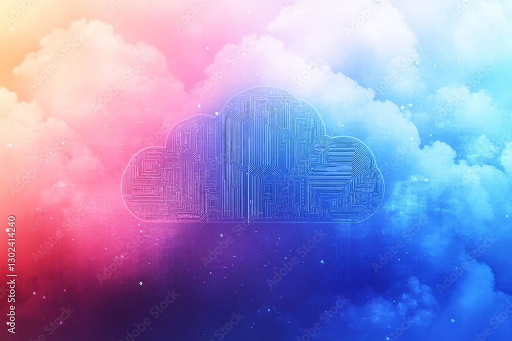 Poster a 3d illustration of an abstract cloud computing network, depicted with blue lines and nodes on a wh