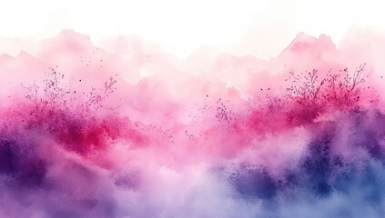 Fototapeta premium Dreamy Pink and Purple Watercolor Mountain Landscape with Silhouetted Plants