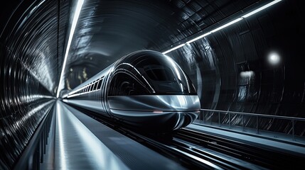 Naklejka premium A futuristic train is traveling quickly inside of a tunnel