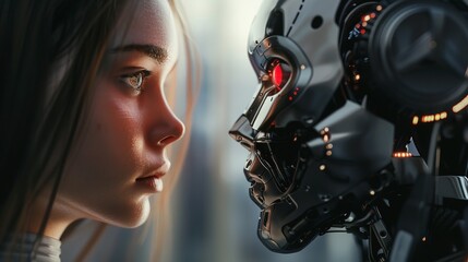 "Human-Robot Interaction Close-Up &ndash; Detailed Futuristic Design with Glowing Elements on White Background"