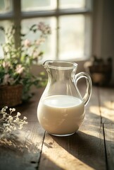 Fresh Milk in a Glass Pitcher on a Rustic Wooden Table with Natural Light and Delicate Flowers in the Background