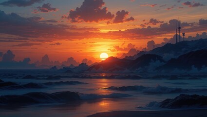 Stunning Sunset Over Rocky Coastline with Waves Washing Ashore and Colorful Clouds in Sky