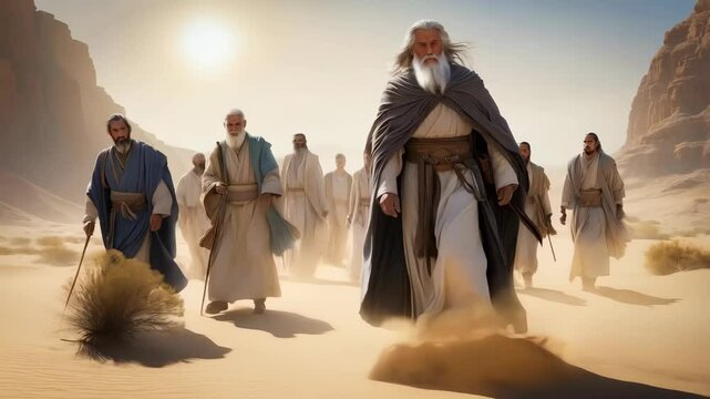 An aged, weathered prophet, with a determined expression, striding through the arid desert alongside his devoted disciples. A powerful scene capturing the essence of faith, guidance, and strength.