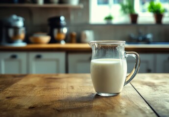 Fresh Milk in a Transparent Jug on a Rustic Wooden Table in a Cozy Kitchen Setting with Soft Lighting and Kitchen Accessories in the Background