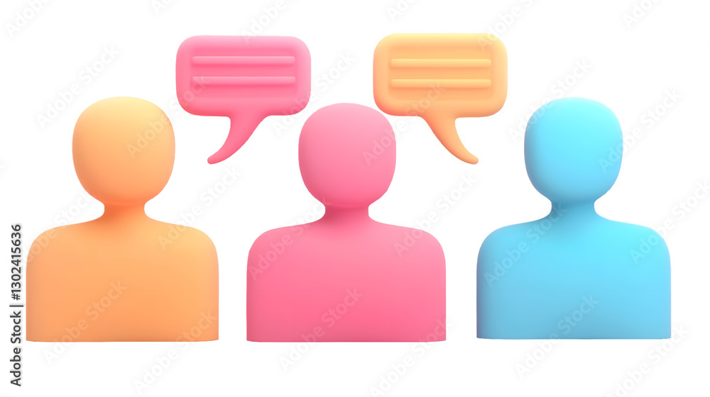 Poster Vibrant 3D rendered human figures in red blue and yellow each with a floating speech bubble above their heads symbolizing conversation teamwork and effective communication