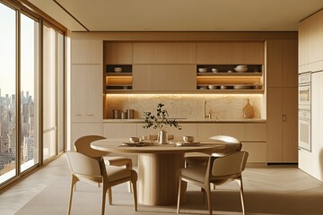 Modern Minimalist Kitchen Design with City View Round Dining Table & Beige Chairs