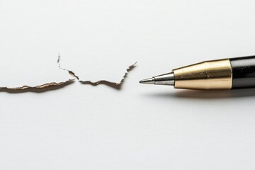 Close-Up of Torn Paper Edge with a Black and Gold Pen on a White Background