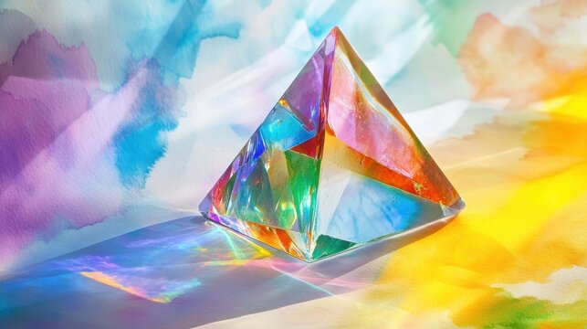 A delicate prism, its facets refracting sunlight into a rainbow spectrum of vibrant colors, rests upon a serene backdrop of watercolor hues, creating a harmonious and artistic scene.