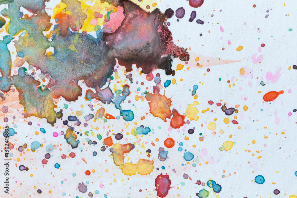 Poster macro close-up of colorful watercolor splashes, splatters and stains on white paper. abstract high r
