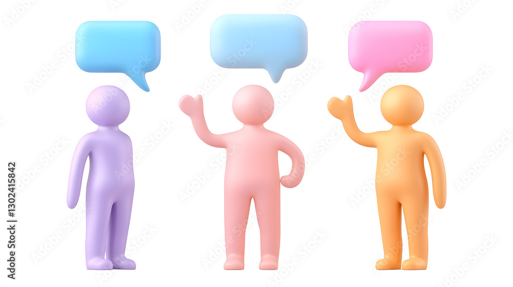 Aufkleber Friendly and Colorful 3D Characters Standing Together Each with a Floating Speech Bubble Above Them Symbolizing Open Discussion in a Minimalistic Visually Appealing Design