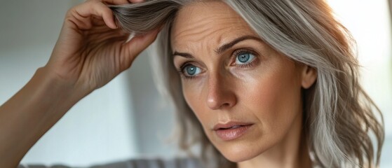 Naklejka premium Thoughtful mature white woman with silver hair examining her roots indoors Concept of aging gracefully, selfcare, and natural beauty