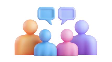 A vibrant 3D digital featuring three abstract human figures in vibrant colors each with a speech bubble above their heads representing active dialogue social engagement and collaborative teamwork
