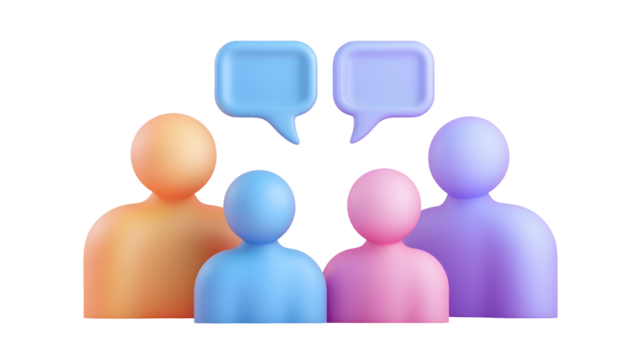 A vibrant 3D digital featuring three abstract human figures in vibrant colors each with a speech bubble above their heads representing active dialogue social engagement and collaborative teamwork