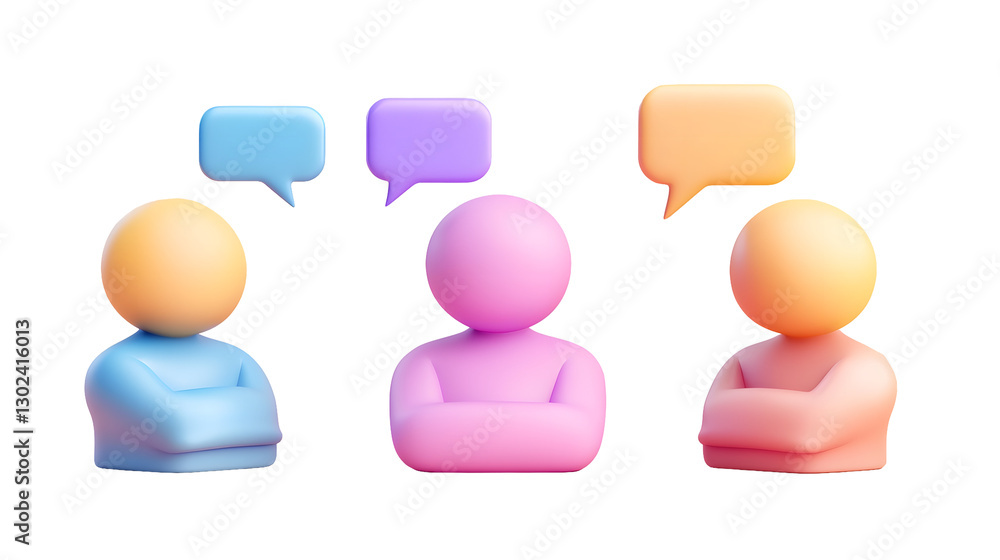 Poster Futuristic and sleek 3D composition showcasing three uniquely colored abstract people icons each engaged in a collaborative conversation with floating speech bubbles above them
