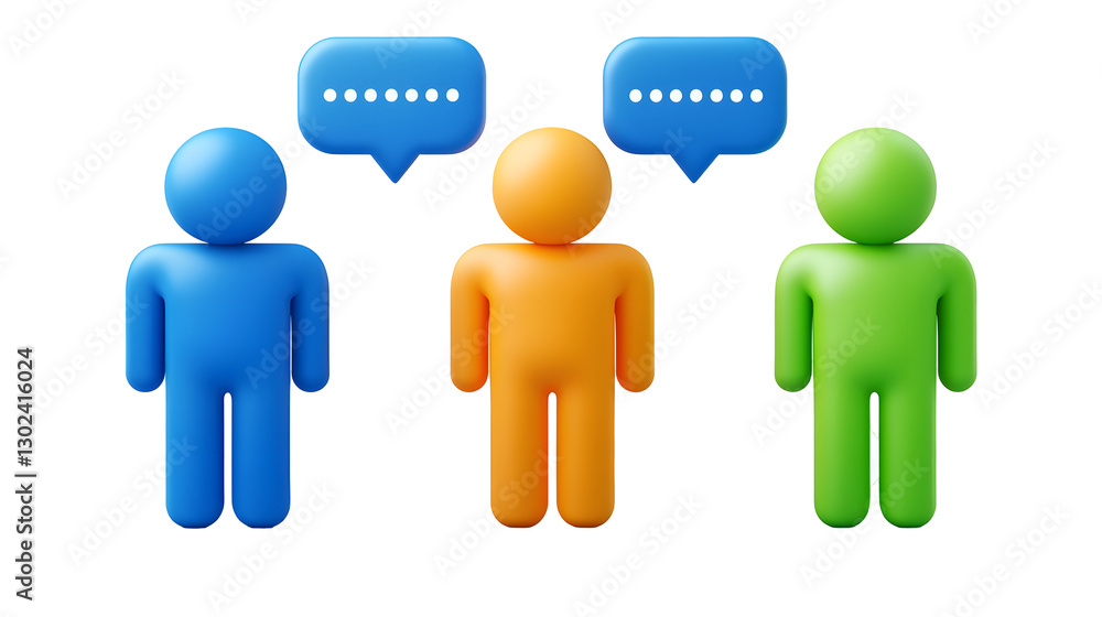 Poster three distinct abstract humanoid figures in vibrant blue orange and green colors engaged in digital 