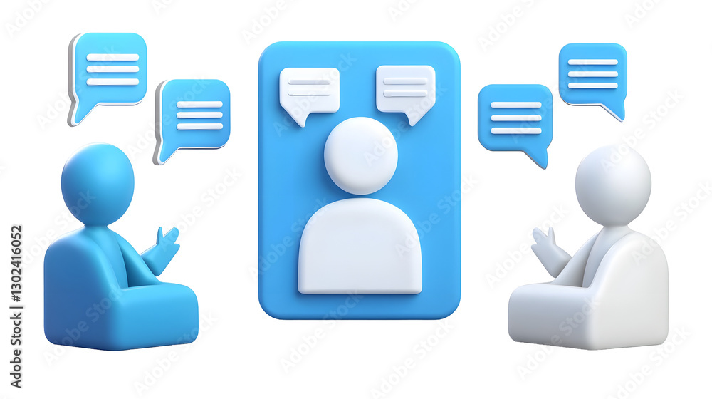 Poster Stylized 3D Concept of Three Animated Figures in Bold Colors Engaged in Animated Conversation with Speech Bubbles Conveying Effective Communication Business Strategy and Team Discussions