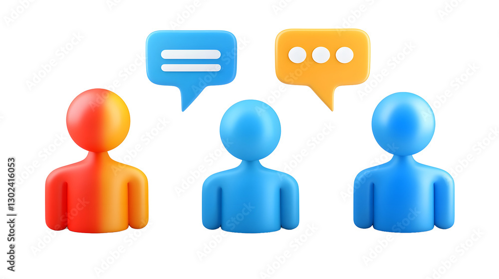 Aufkleber Three vibrant 3D rendered human figures in red blue and yellow each with a floating speech bubble above their heads symbolizing dialogue teamwork and The figures have a smooth rounded
