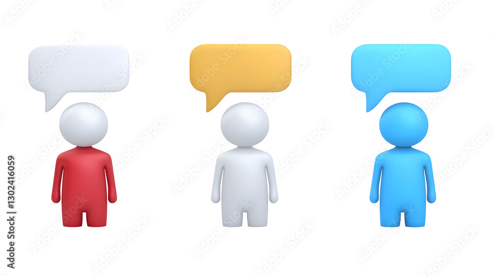 Fototapete Three vibrant 3D rendered human figures in red blue and yellow each with a floating speech bubble above their heads symbolizing dialogue teamwork and The figures have a smooth rounded