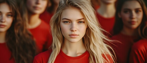 Naklejka premium Portrait of a serene blonde Caucasian teenager in red tshirt with blurred group, showcasing youth, beauty, and unity
