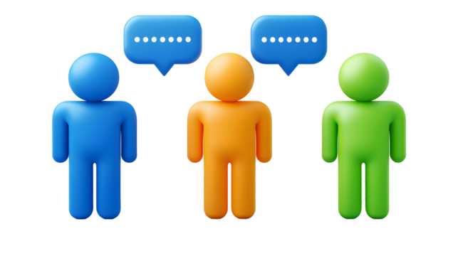 Three distinct abstract humanoid figures in vibrant blue orange and green colors engaged in digital communication represented by speech bubbles conveying the concept of dialogue connection