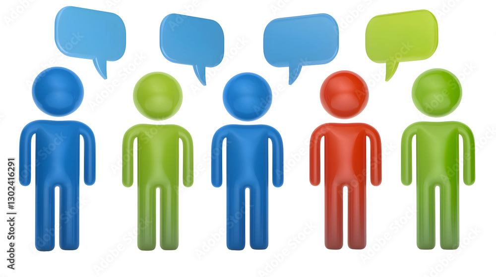 Poster A digital 3D featuring three distinct abstract humanoid figures engaged in a collaborative discussion  symbolizing teamwork  problem solving