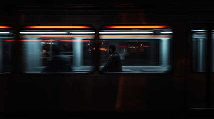 A man traveling on a train at night viewing the outside world