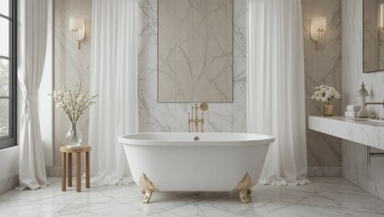 Luxurious Modern Bathroom Interior Featuring Freestanding Bathtub and Elegant Marble Finishes