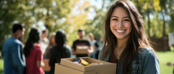 Smiling young Hispanic woman holding donation box with food at outdoor charity event with diverse group of volunteers Concept of community, giving, and volunteering