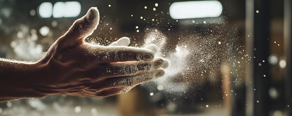 Hands covered in white powder clapping with a cloud effect