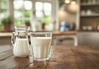 Fresh Milk in Glass and Jug on Rustic Wooden Table in Cozy Modern Kitchen with Natural Light and Greenery Background