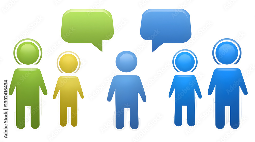 Poster 3D Rendered Teamwork Featuring Distinctively Colored Human Figures with Floating Speech Bubbles Emphasizing Interactive Discussions for Business Applications and Workplace Culture Promotion