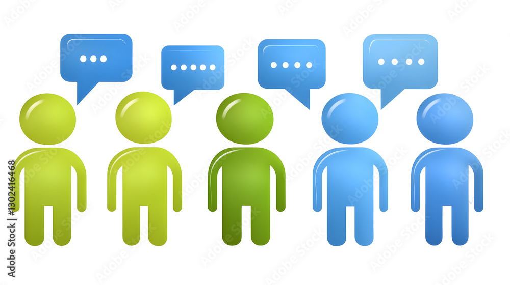 Poster vibrant 3d communication concept featuring rounded glossy figures with speech bubbles symbolizing te