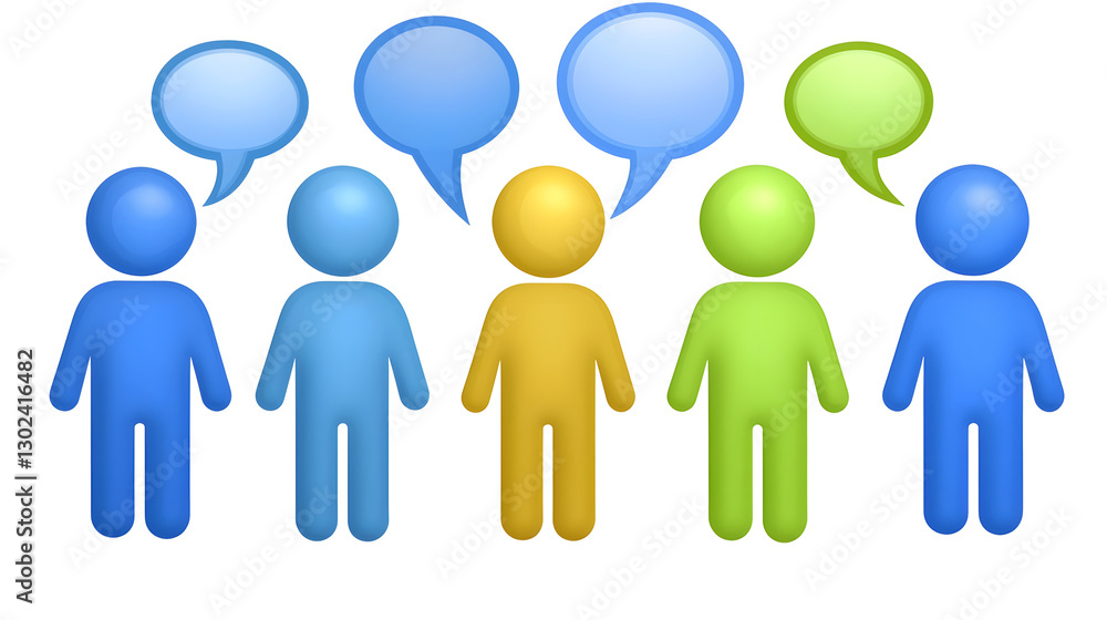 Fototapete A dynamic and engaging 3D social interaction concept featuring three uniquely shaped colorful human like figures communicating through floating speech bubbles  The polished