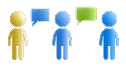 Vibrant 3D Communication Concept with Engaging Team Figures and Speech Bubbles  Smooth eye catching design featuring rounded glossy human like characters in different bright colors