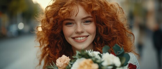 Smiling Caucasian woman with red curly hair and freckles holding a bouquet of flowers outdoors in the city, concept of beauty and romance