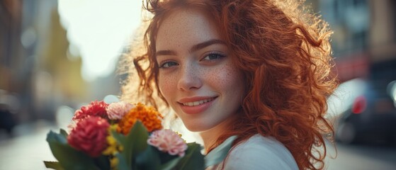 Naklejka premium Smiling Caucasian woman with red curly hair holding colorful flower bouquet outdoors on a sunny day Concept of beauty, spring, and gift