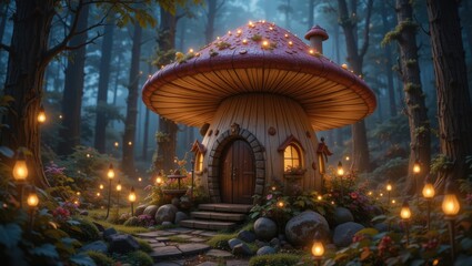 Whimsical Mushroom House Illuminated by Fairy Lights in a Enchanted Forest at Dusk