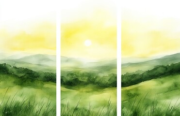 Three hand-drawn watercolor scenes of landscapes and mountains set against a white background