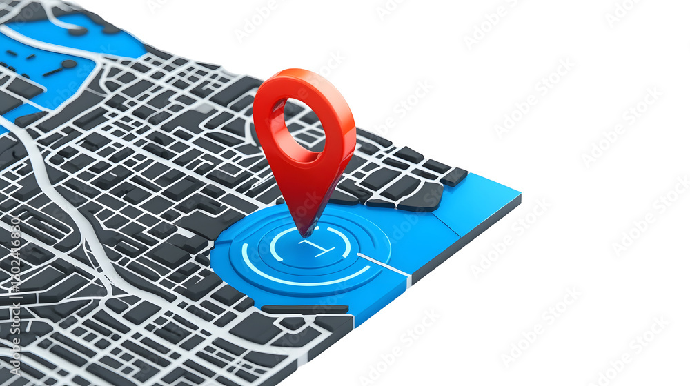 Fototapete Sophisticated GPS tracking concept featuring a vivid red 3D location pin a precise route map pointer and a minimalist position marker design  The high tech elements stand out against a clean